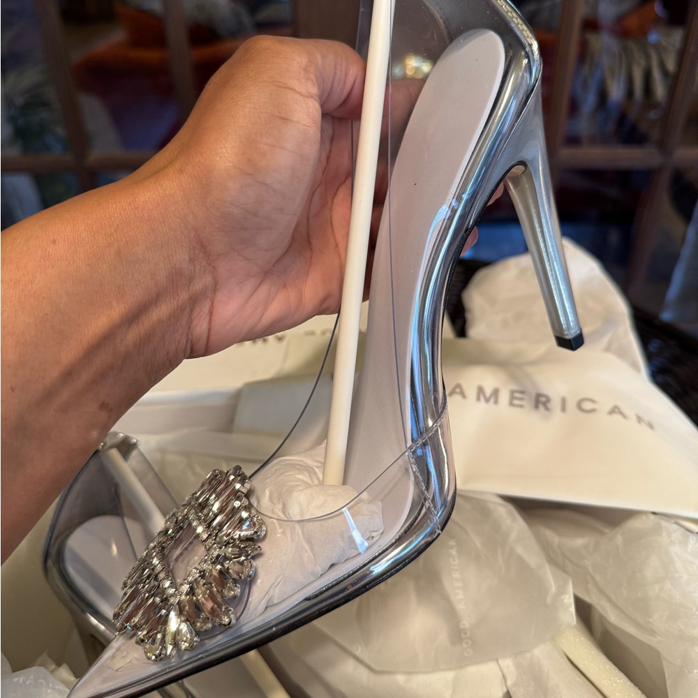 Good American Cinder-F*cking-Rella Jeweled Toe PVC Stilettos in Clear 8.5 - Picture 5 of 10